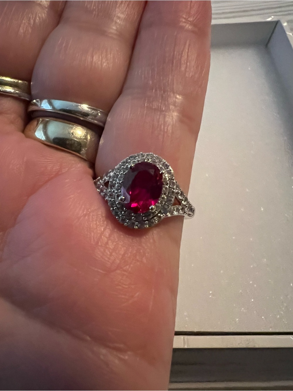 Vintage Estate SUN .925 Silver Lab Ruby & Genuine White Sapphire Halo Ring - Picture 2 of 9